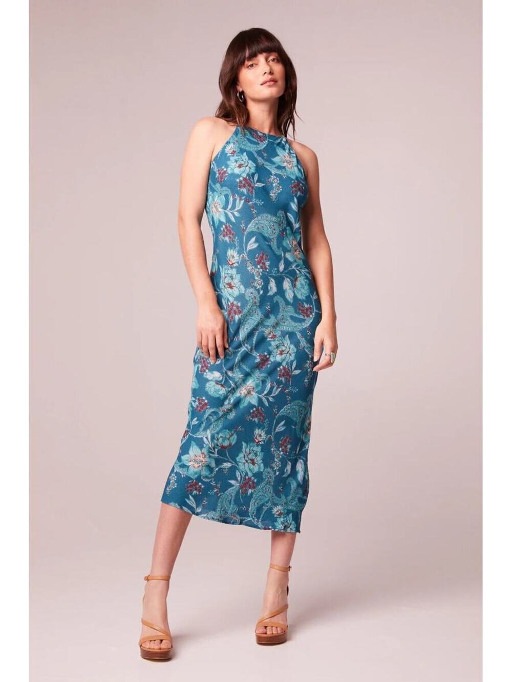 Band of Gypsies Band of the Free NWT Audette Teal Floral Halter Midi Dress M